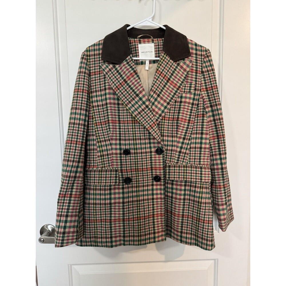 Anthropologie Avec Les Filles Double-Breasted Elbow-Patch Plaid Jacket Medium